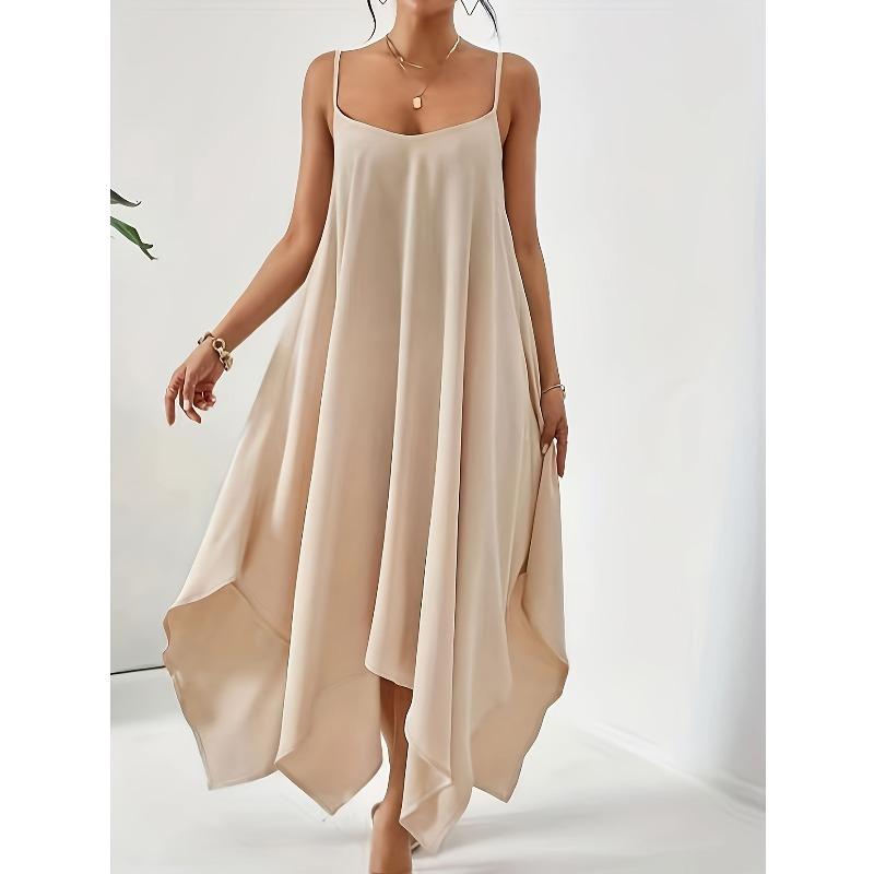 Women's Solid Color Spaghetti Strap Irregular Hem Maxi Dress Loose Sleeveless Casual Long Sundress