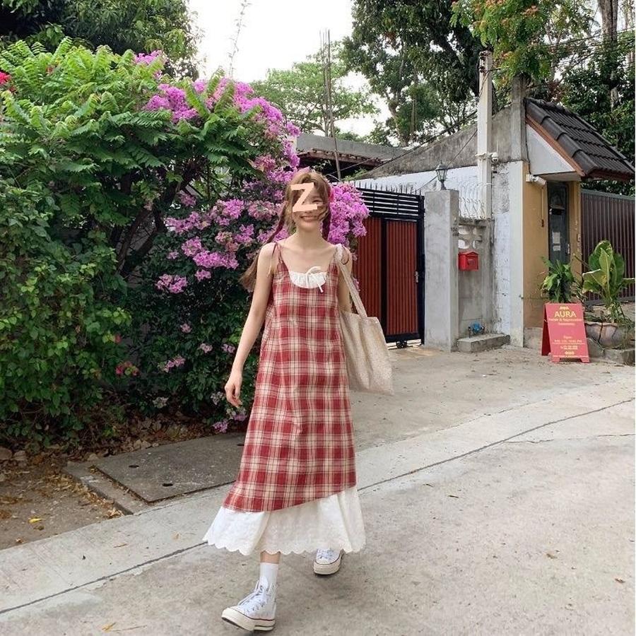 Lace Patchwork Check Suspender Dress Women Summer New Style Loose Fit Slimming Fake Two Piece Dress