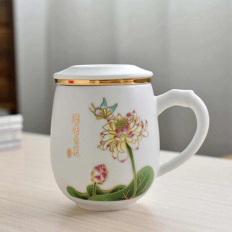 White Porcelain Tea Cup With Lid Office Tea Separation Teacup With Filter Cup Lettering Customized Gift Box