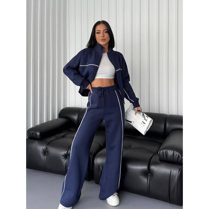 2024 New Cross-Border European and American Amazon Casual Suit Long Sleeves Half Collar Cardigan Sweatshirt Shoelace Stripes Pants Set