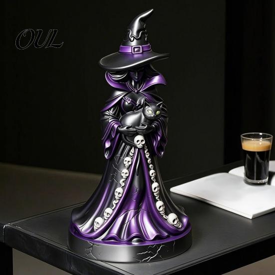Dark Style Room Accents Lighted Witch Figurine, Holding Black Cat Statue, Gothic Mysterious Statue Sculpture with LED Lights for Halloween Table