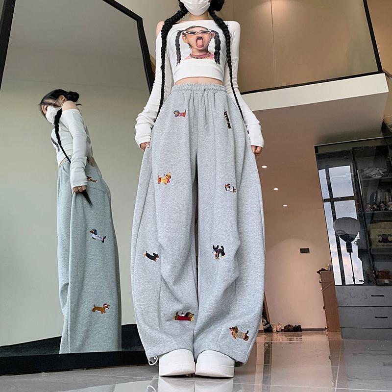 Cute Dog Embroidery Pants Women Autumn Casual High Waist Fashion Wide Leg Pant American Loose Cartoon Kawaii Female Trousers New