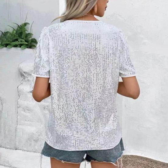 Women T-shirt V-Neck Short Sleeve Shiny Sequins Tee Shirt Loose Fit Summer Sexy Tops Holidays Parties Wear