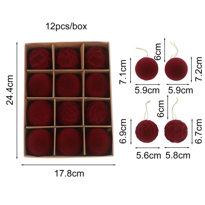 12 Pcs Burgundy Flocked Christmas Ball Ornaments Set, 6 Cm Velvet Finish Plastic Decorations For Holiday Tree DIY Display
