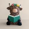 Highland Cow Figurine Reading Book Cattle Resin Statue Sculpture Home Office Decoration Ornament Book Lover Gifts