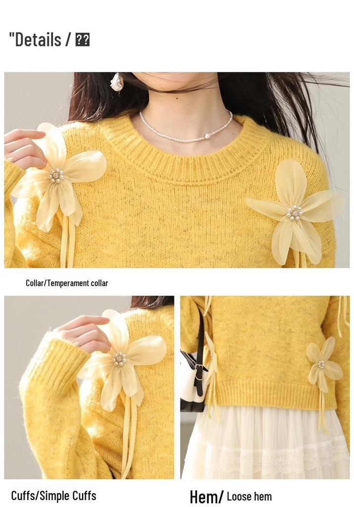 Soft 2026 Autumn Women's Round Neck Sweater with 3D Floral Design