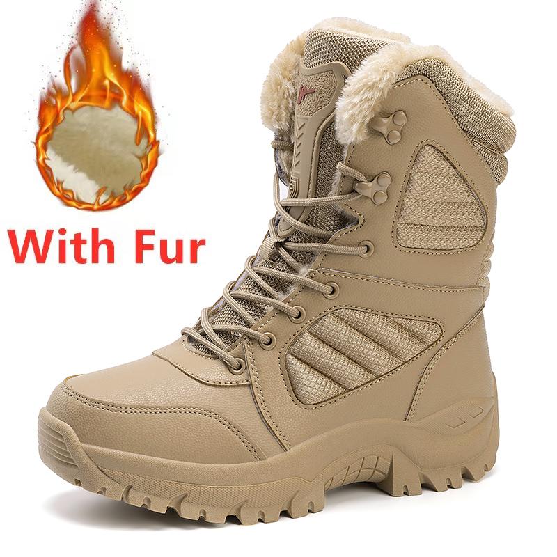 Fashion Outdoor Mens Motorcycle Boots Lace Up Mountaineering Shoes Non-Slip Male High-top Hiking Shoes Warm Plush Fur Winter Boots Botas
