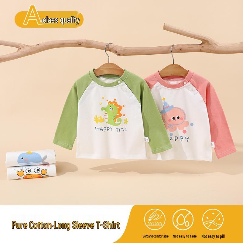 Children's Pure Cotton Long Sleeve Shirt for Spring and Autumn - Boys' and Girls' Fashionable Base Top