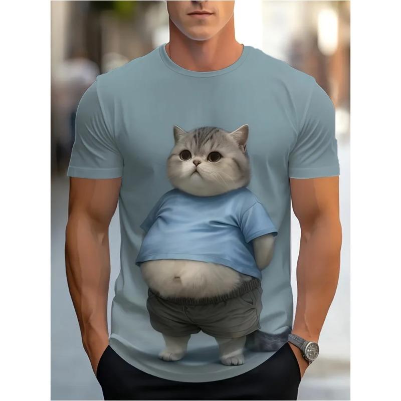 Summer Round Neck 3D Print Animal Cat Pattern Top Fashionable Casual Short Sleeved Men's T-shirts