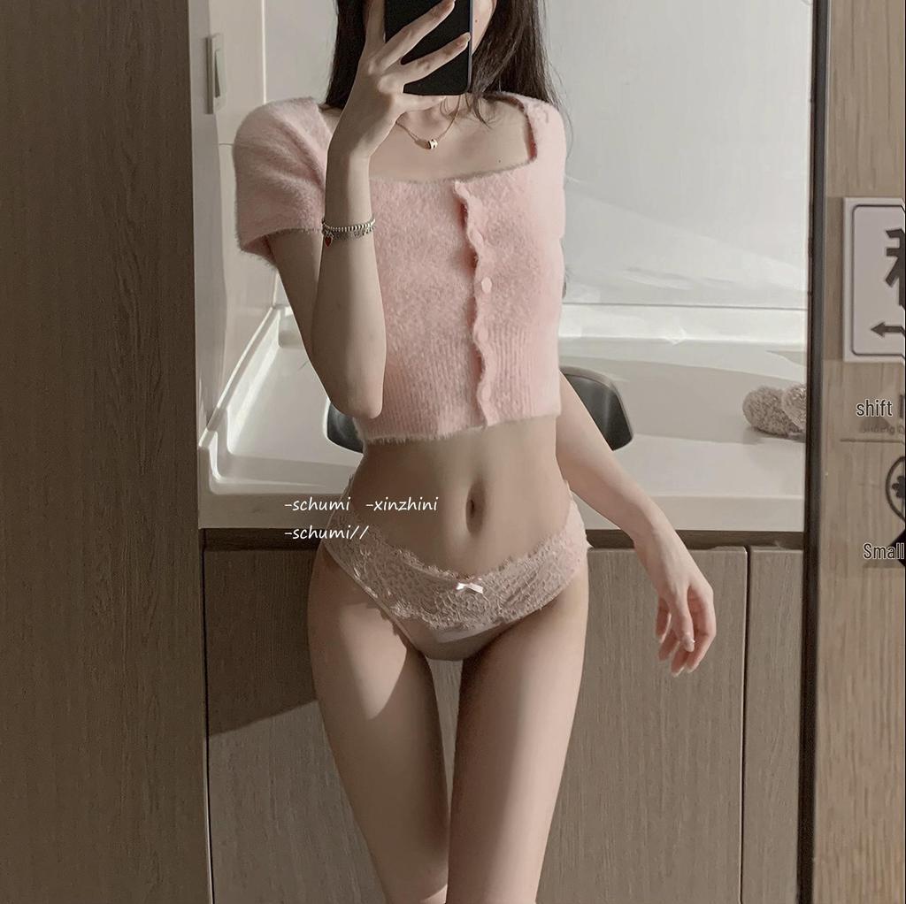 French Lace Bow Low-Waist Peach-Hued Women's Cheeky Panties