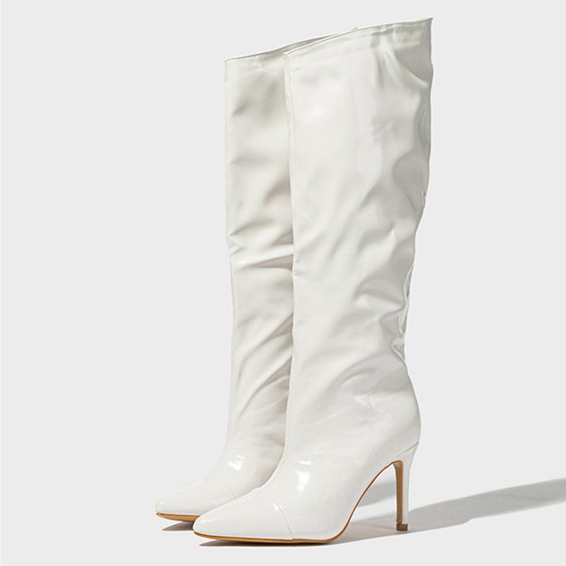 Liyke New Arrivals Pleated Patent Leather Knee High Boots Women Sexy Pointed Toe Runway Shoes Autumn Winter Stiletto Heels Pumps