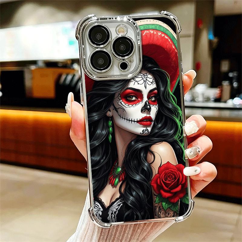 

Катрина Красивая Девушка Роза Череп Покрытие Чехол для Телефона Для Iphone 16 17 Pro Max Air 16E 14 15 Plus 12 13 Mini Противоударный Airbag Co iPhone 17 Air