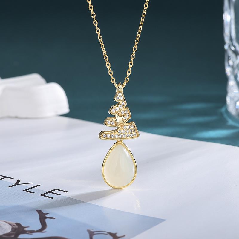 Gold-Plated S925 Sterling Silver Hetian Jade Christmas Tree Necklace for Women - Fashionable Clavicle Chain Jewelry Gift