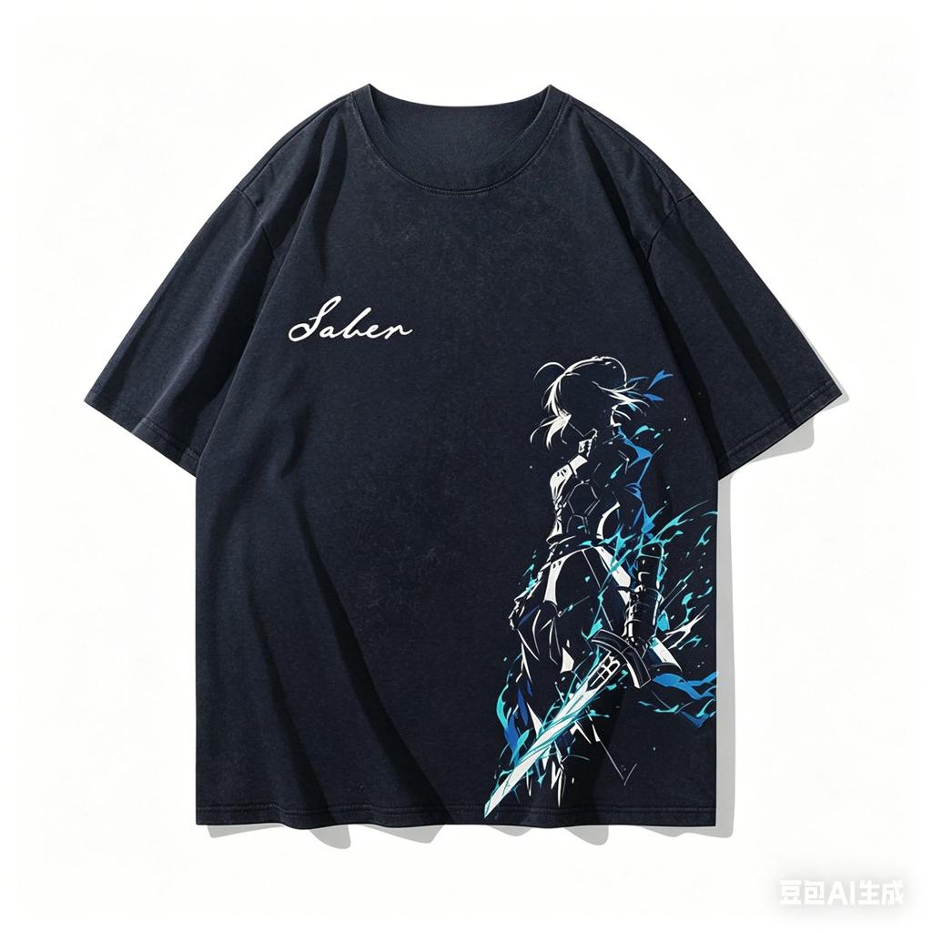 Cool Stylish Vintage Classic Washed Black Fate Series Saber Lily Anime Casual Cotton Short-Sleeve T-Shirt