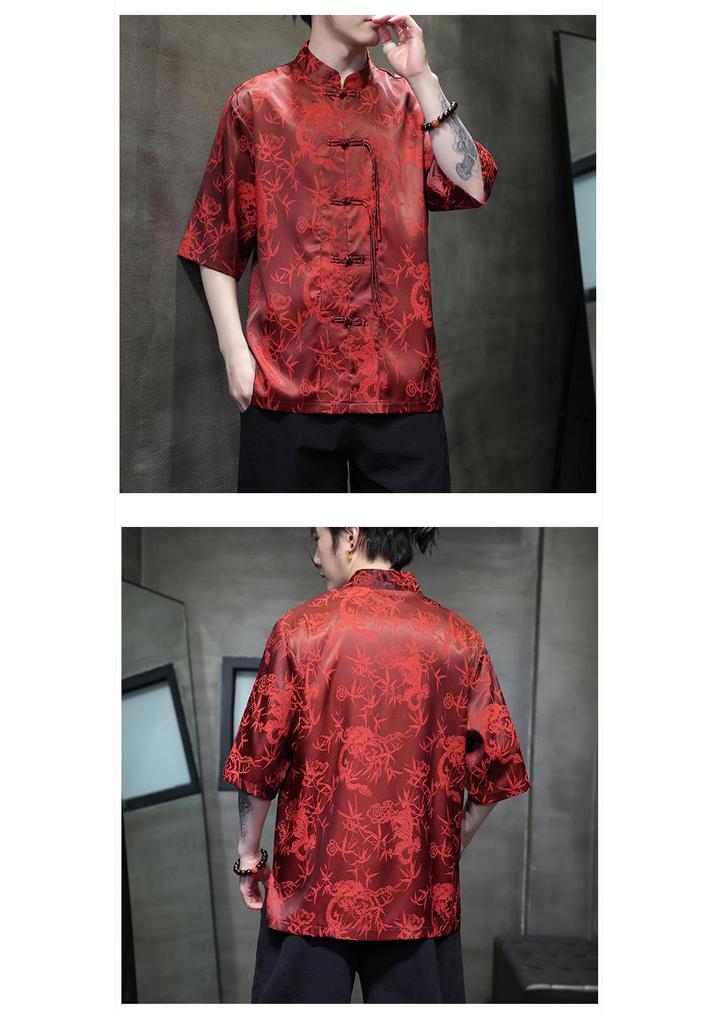 2024 Men's Chinese Style Jacquard Frog Button Tang Suit Shirt, Plus Size, Summer Casual