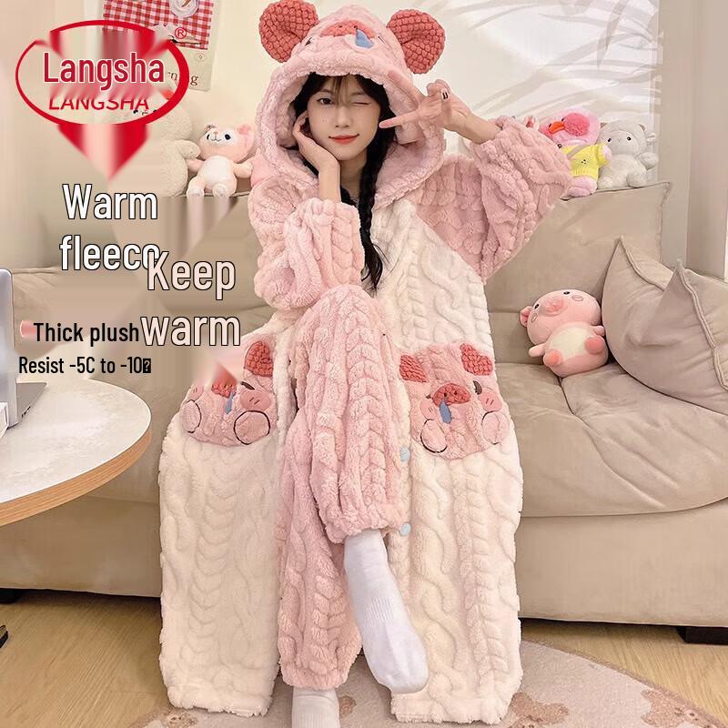 Langsha Women s Coral Fleece Robe  Pants Set L