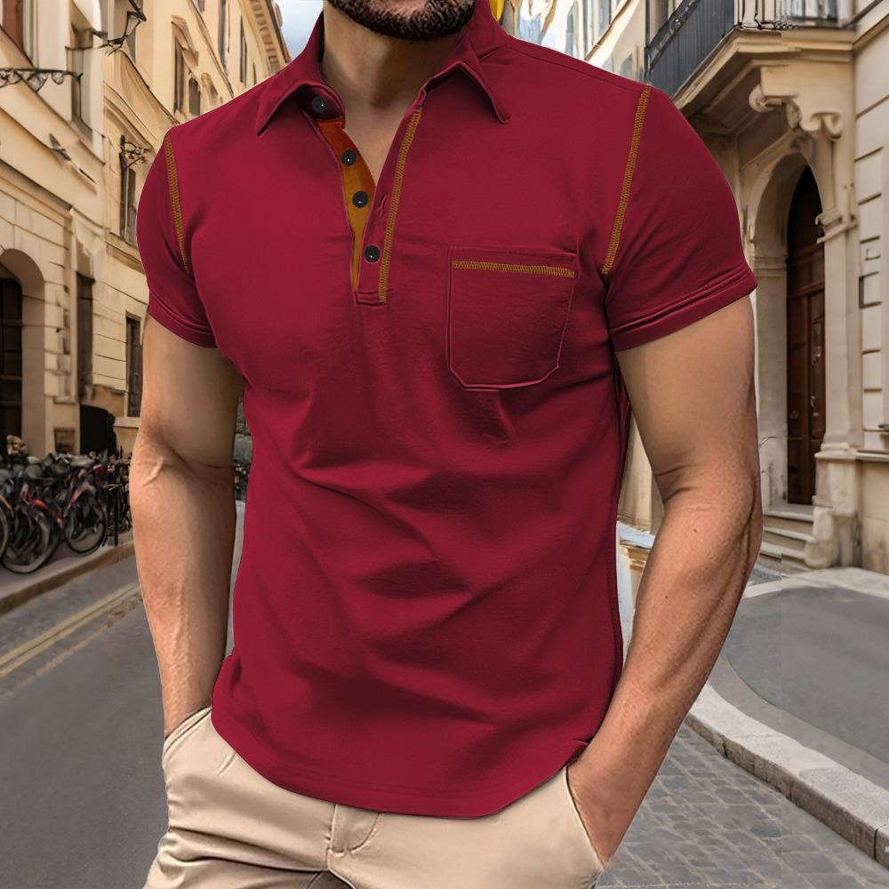 Men's Short-sleeve Henley Polo Shirt - Summer Casual Sport Solid Color Button-down Placket