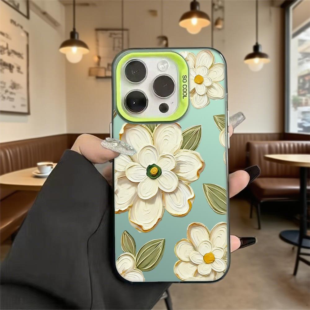 Textured White Flowers Shockproof Phone Case for Iphone 16 15 14 13 12 11 Pro Max/Mini Anti-Scratch Premium Hard Cover
