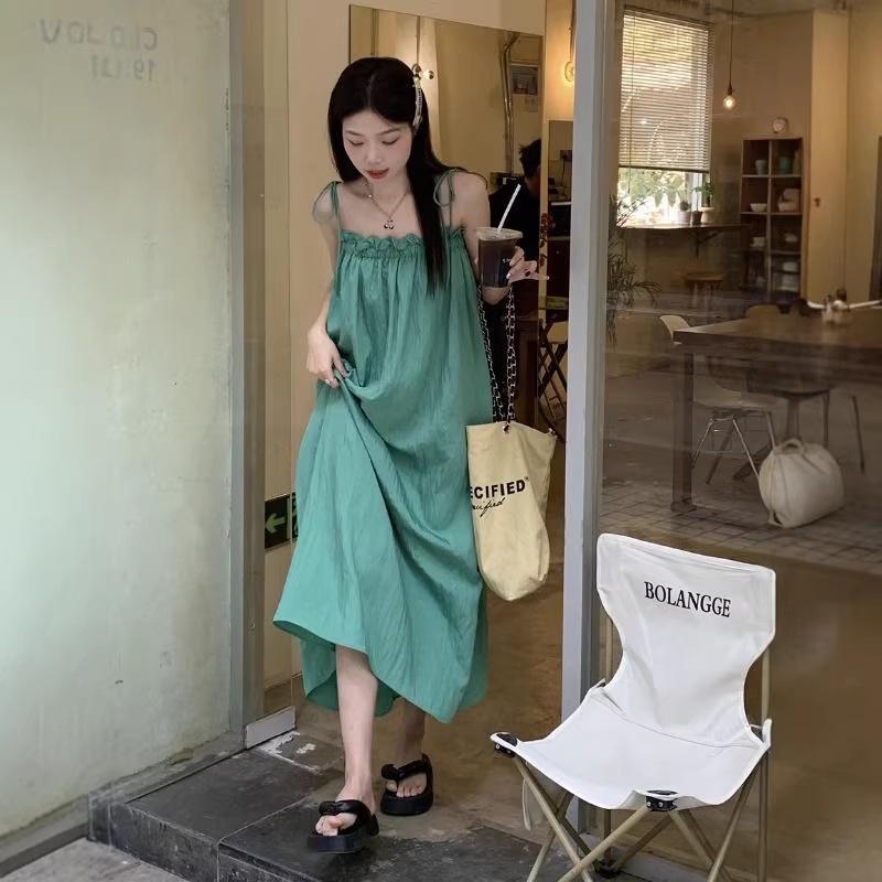 Autumn Green Casual Sleeveless Ruffle Hem Strap Dress for Women