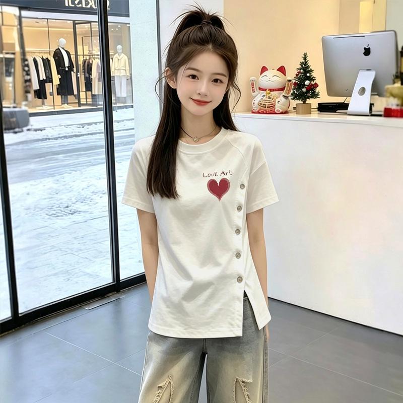 Trendy Korean Chic Short-Sleeve T-Shirt for Girls (Ages 6-12) - Summer Slit Design