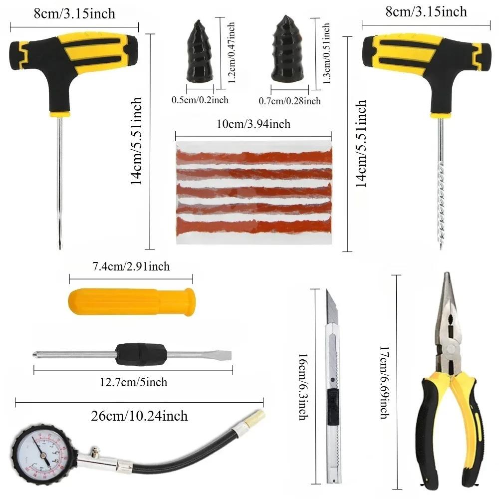 Multipurpose Tire Repair Kit with Rubber Strips Tools Pliers Pressure Gauge for Car, Bike, Motorcycle. Handles Most Tire Damage