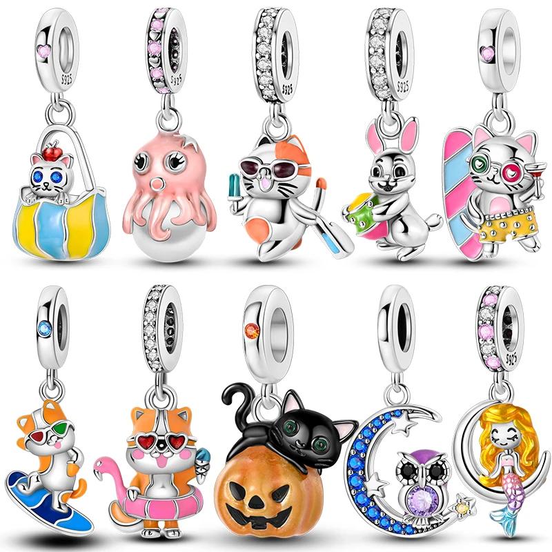 Anniversary Copper Color Cute Cat Blue Moon Owl Rabbit Mermaid Animal Charms Pendants Fit Original Bracelets Diy Jewelry