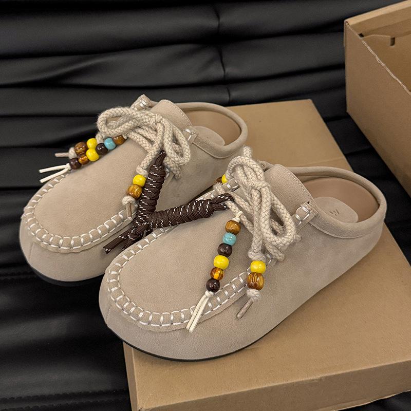 

Кожаный шнурок с бусинами, круглая головка, платформа Birkenstocks, одна педаль, модные и красивые, ленивая сумка, головка, полушлепанцы 35