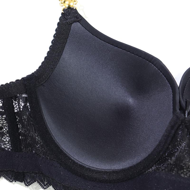 Elegant Rhinestone Lace Bra Set with Metal Chain Straps, Off-Shoulder Push-Up B Cup