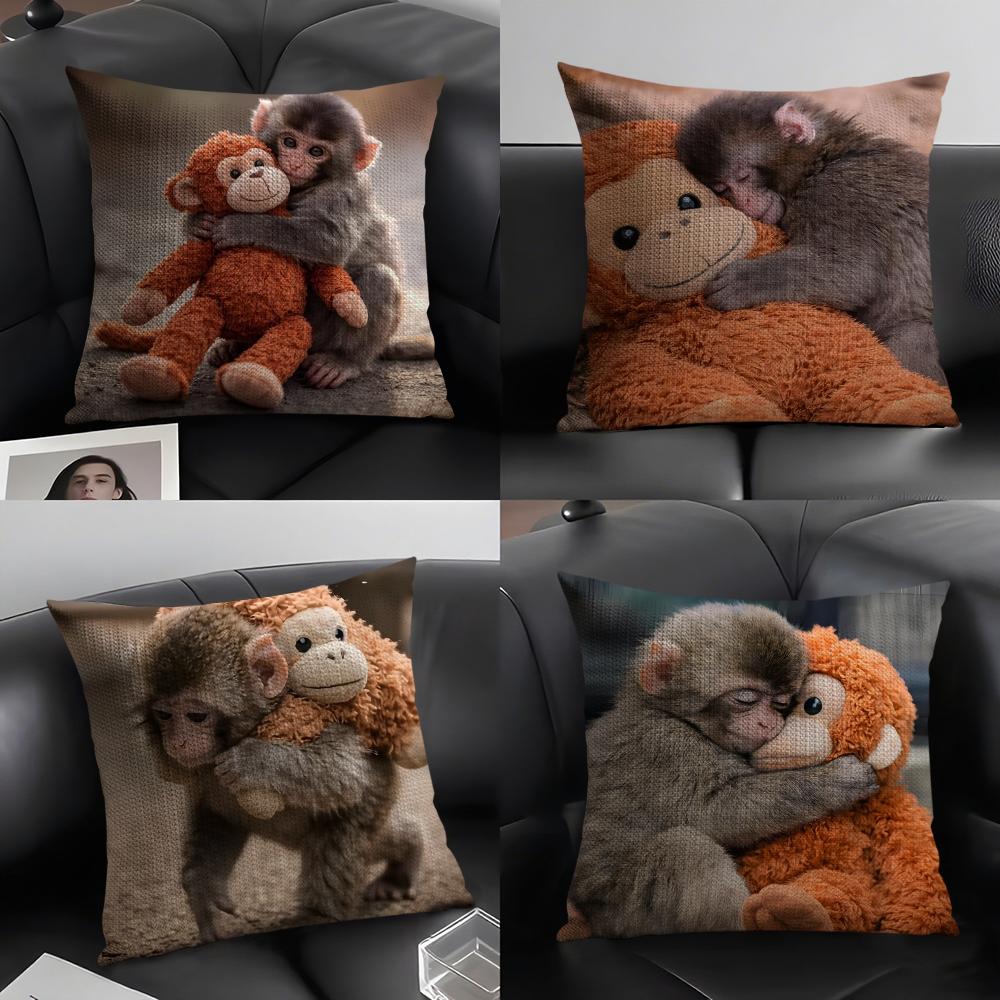 Punch Monkey Cute Cushion Cover Natural Linen Organic Fabric Double-Sided Printing Sofa Home Decor Gift Pillow Case
