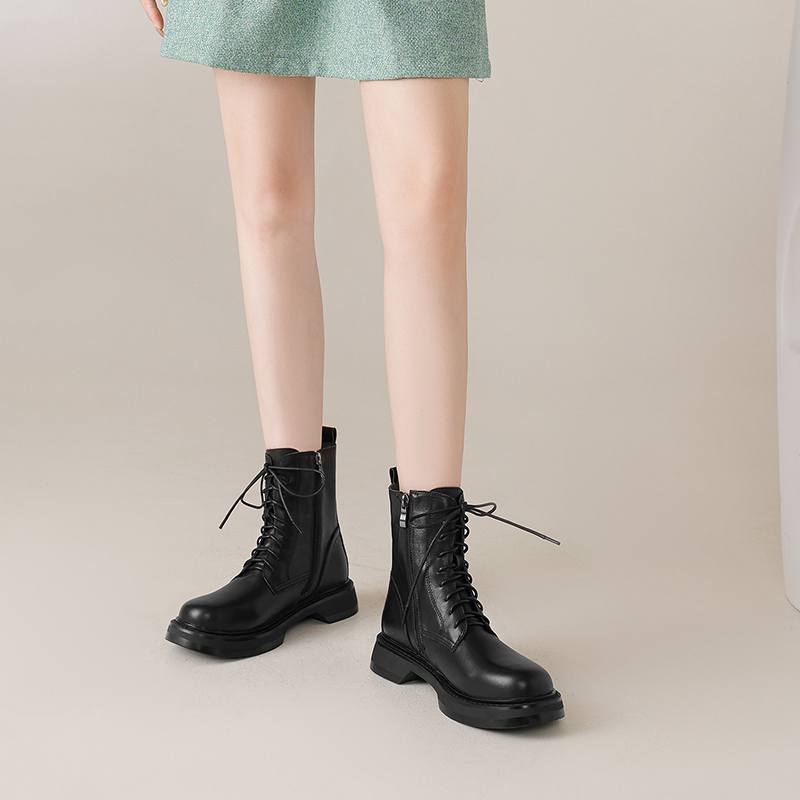 Krazing Pot Cow Skin Natural Fur Autumn Winter Shoes Thick Heels Western Boots Round Toe Keep Warm Lace Up Ankle Boots