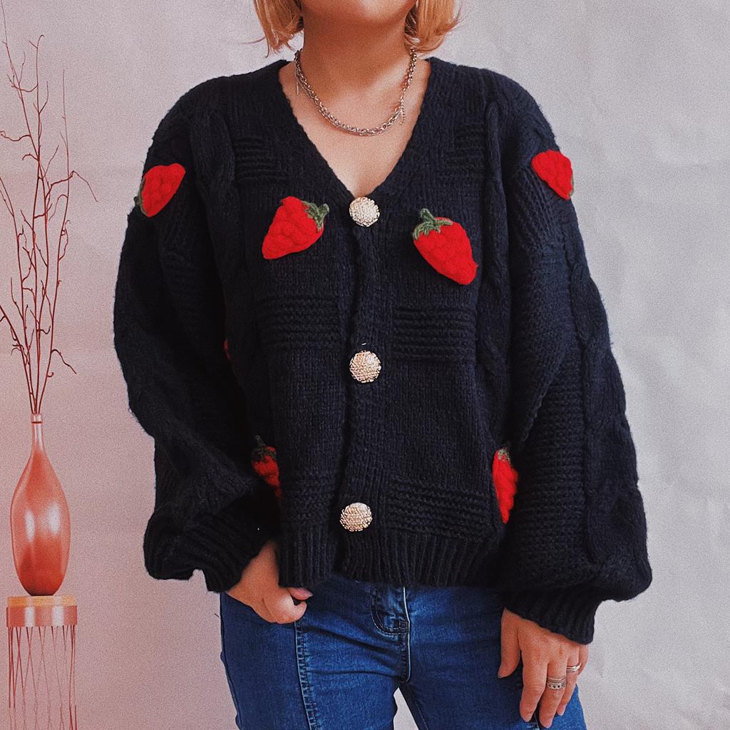 Casual Loose Strawberry Embroidery Thick Fried Dough Twists Single Breasted Knitting Sweater Coat Cardigan Women 3590 KTB