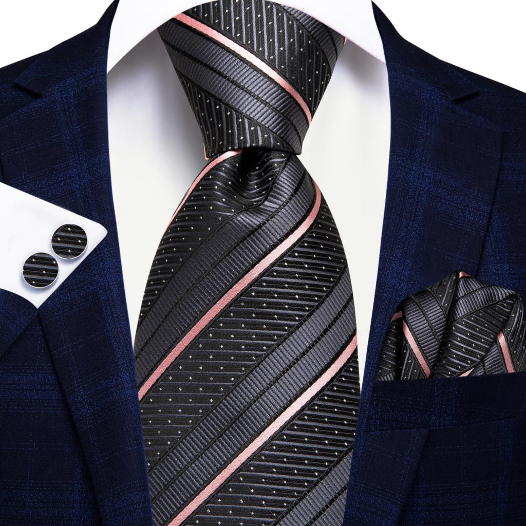 Hi-Tie Navy Blue Striped Silk Wedding Tie For Men Fashion Design Gift Men Necktie Hanky Cufflink Set Business Party Dropshiping