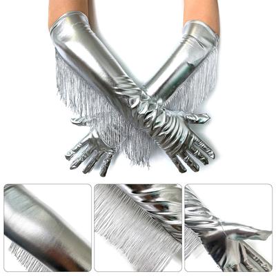 Glitzernde silberne Handschuhe mit langen Quasten Kostümzubehör Handbekleidung Lackleder Armschmuck für Cosplay Bühnenshow