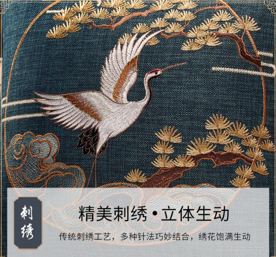 Luxuriöse Leinenstruktur Chinesischer Stil Kissenbezug Feine Kranich Kiefer Stickerei Dekorative Wurfkissenhülle für Sofa Heimdekor
