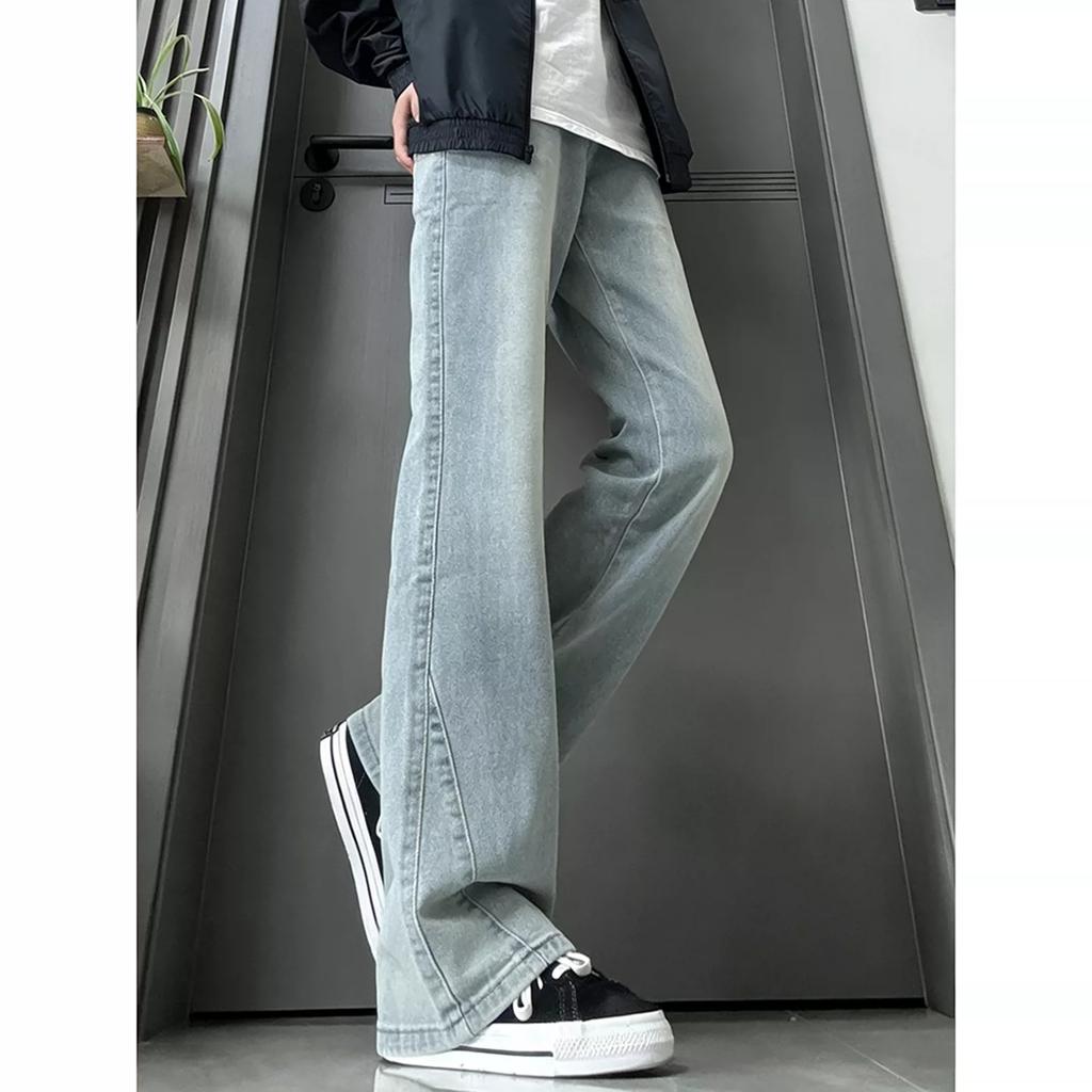 Guochao Light Blue Diagonal Cut Micro-pull Jeans Men's American High Street Cleanfit Straight Thin Micro-pull Pants