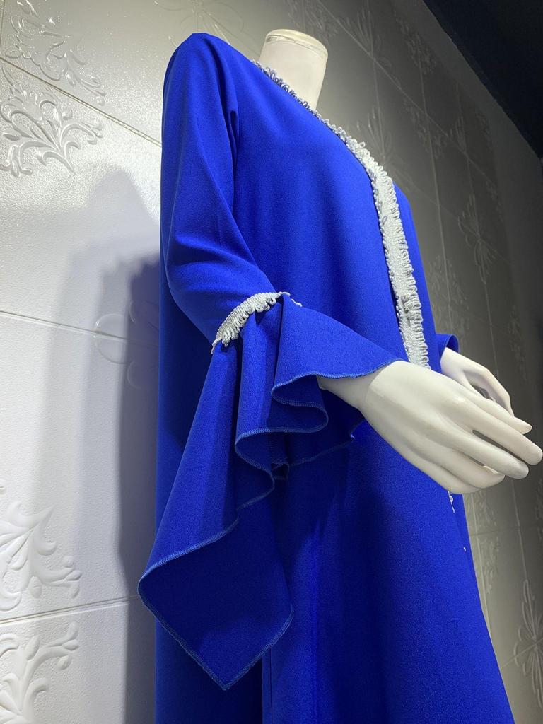Muslimische Kleidung Malayischer Lotusblattärmel Besticktes Goldspitzenkleid für Damen