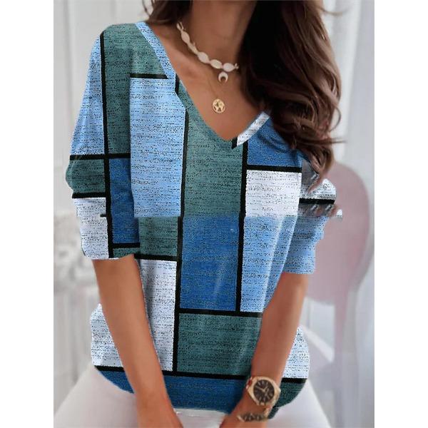 Color Blocked Plaid V-neck Top for Women, Fashionable Contrasting Loose Casual T-shirts