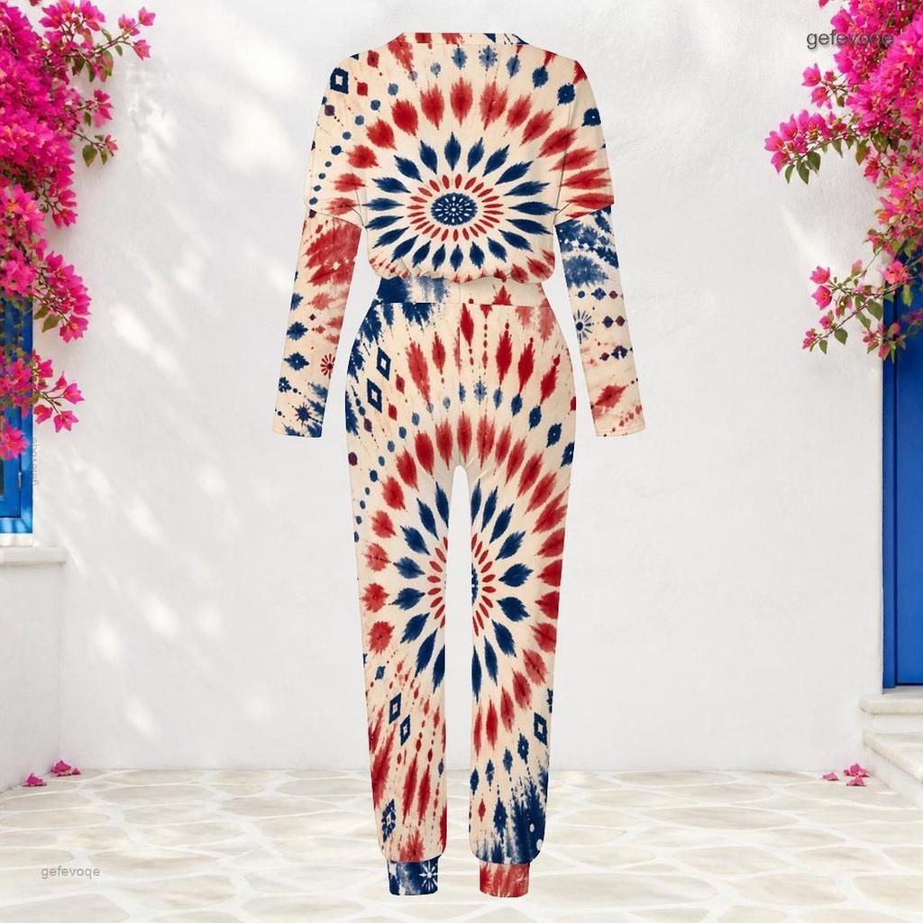 Women Plus Size Two Piece Set Round Neck Long Sleeve Printed Red Blue White Cuffed Top And Cuffed Pants With Pockets