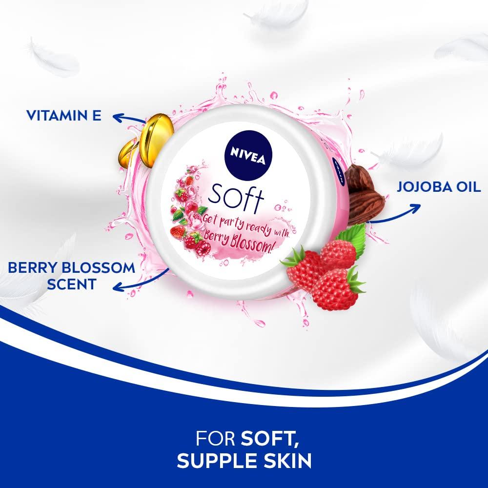 NIVEA Soft Berry Blossom Moisturizing Cream 200ml, Light Hydration for Face Hands Body, Vitamin E Jojoba Oil, Non-Greasy