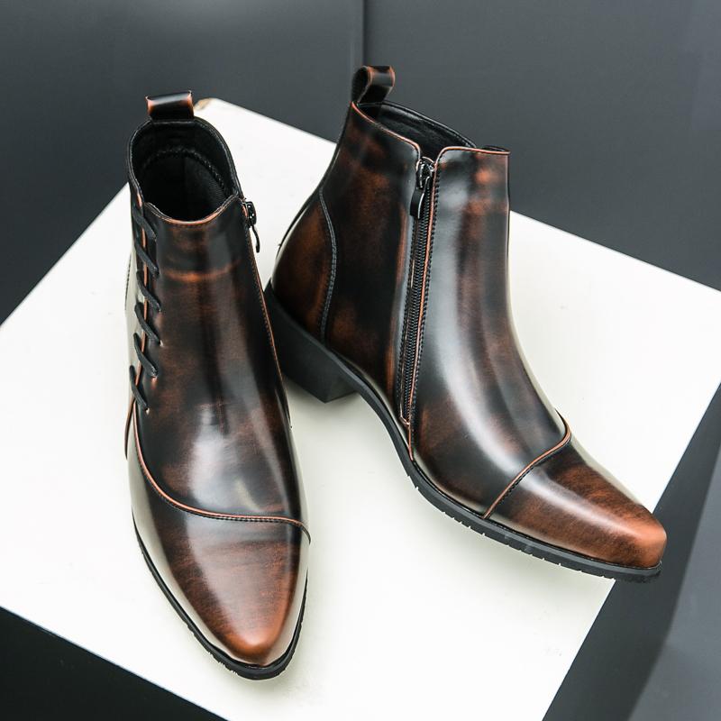 Herren Leder Biker Stiefel Reißverschluss Chelsea Stiefeletten Plateau Sohle Absatz erhöhende Schuhe Mode Freizeit Motorradstiefel für Herren
