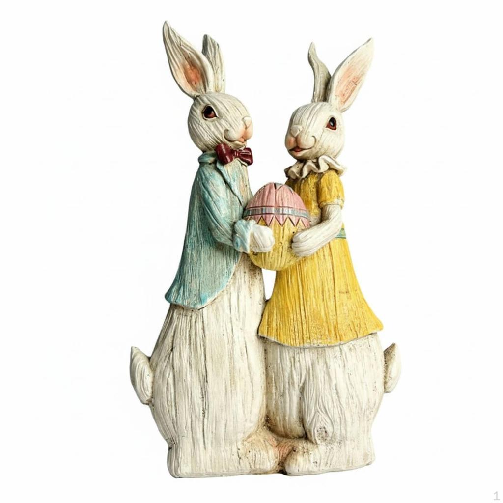 Easter Bunny Resin Decoration, Couple Hare Figurine, Home Study Garden Decor, Flower Holding