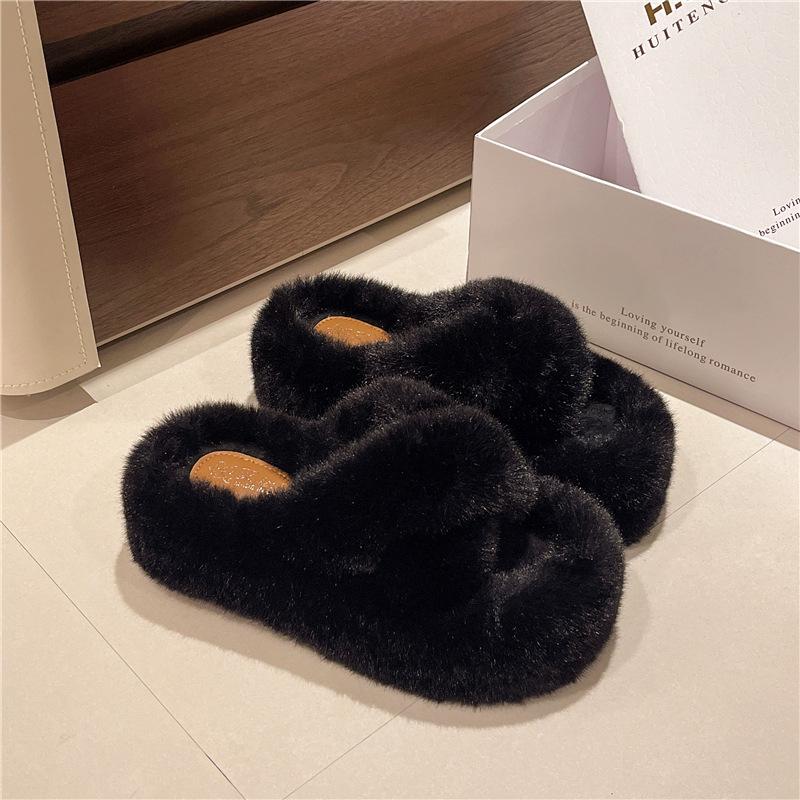

6Cm thick-bottomed crossed fluffy slippers women s 2025 autumn and winter new Korean version fashionable versatile warm plush cotton mop 35 чёрный