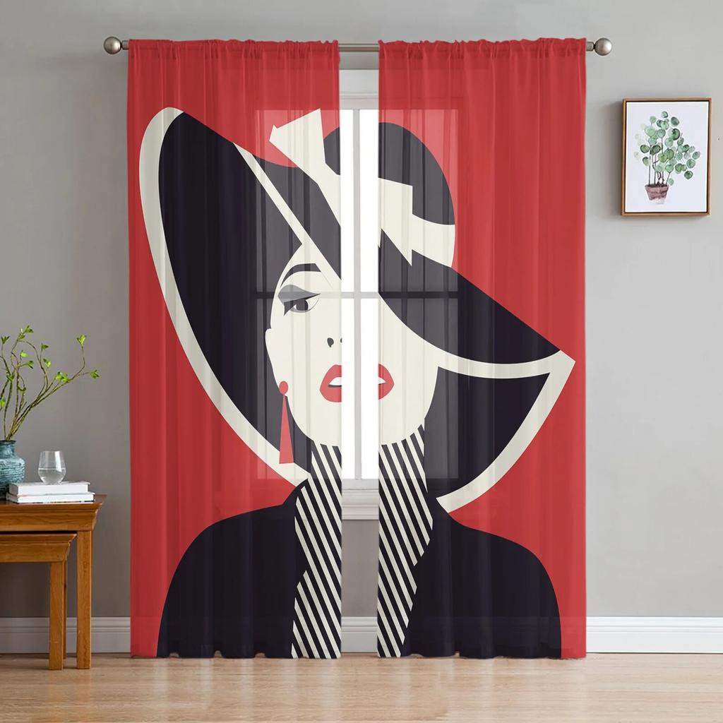 Krásná žena průsvitné závěsy do obývacího pokoje Dětská ložnice Tylové závěsy Závěsy pro ošetření oken v kuchyni