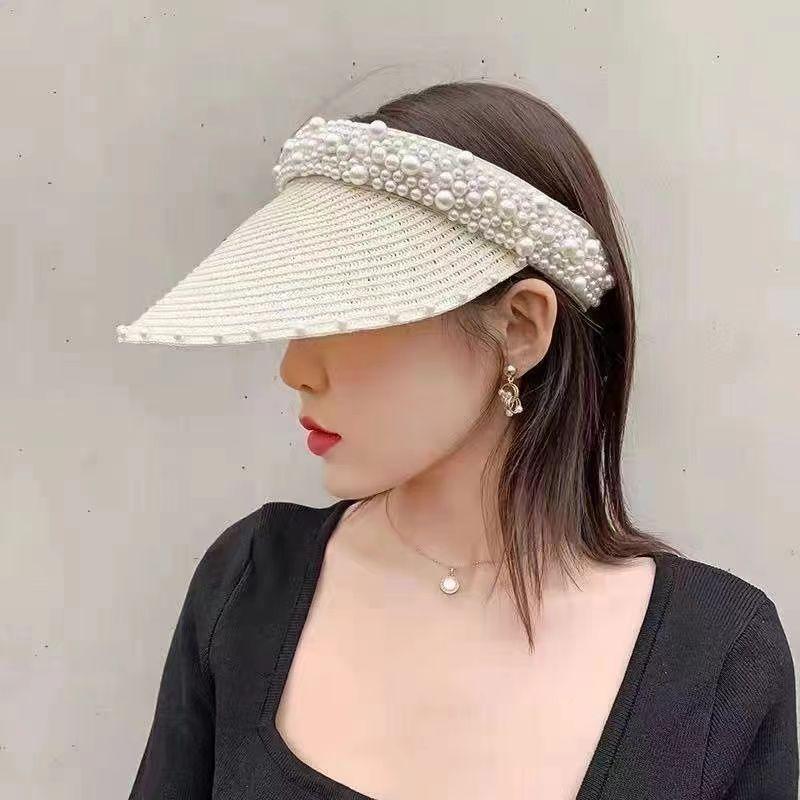 Hat women's summer new face small pearl empty top hat spring and summer cap fashion sunscreen cap breathable sun hat