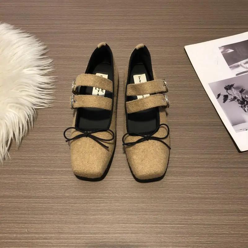 Fashion IPPEUM Velvet Mary Janes Shoes Women Ballet Flats Square Toe Rose Red Buckle Ballerinas Zapatos Mujer