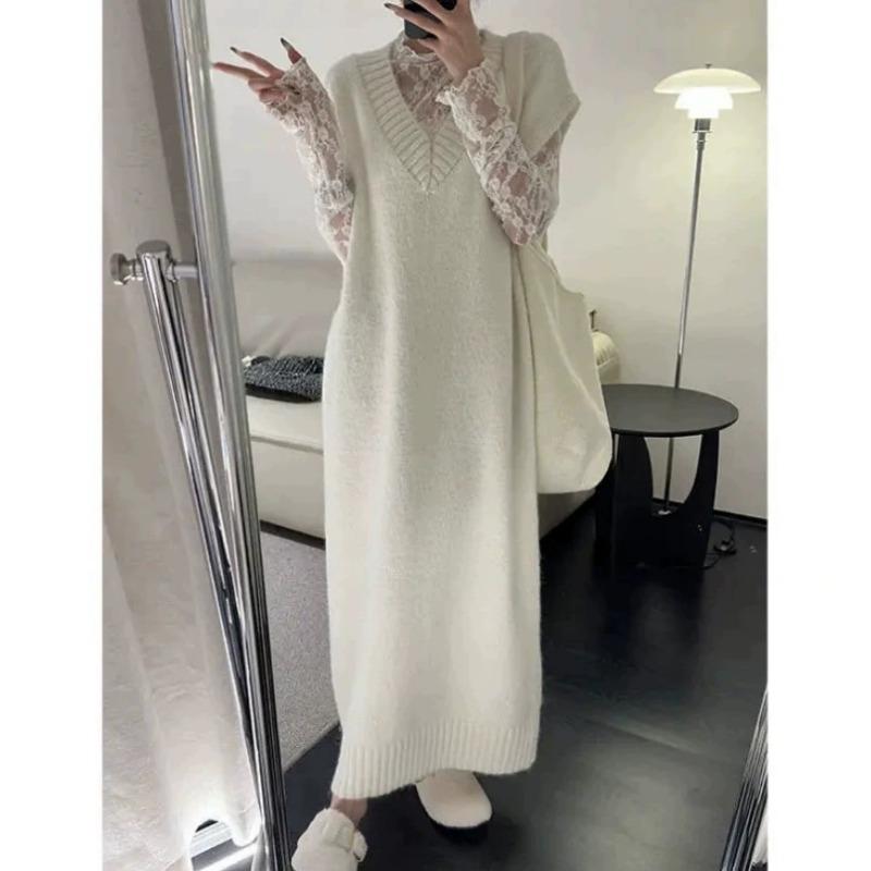 Autumn and Winter New Gentle Wind Solid Color Medium and Long Vest Sweater Skirt Women's Loose Lazy Wind Knitted Dress