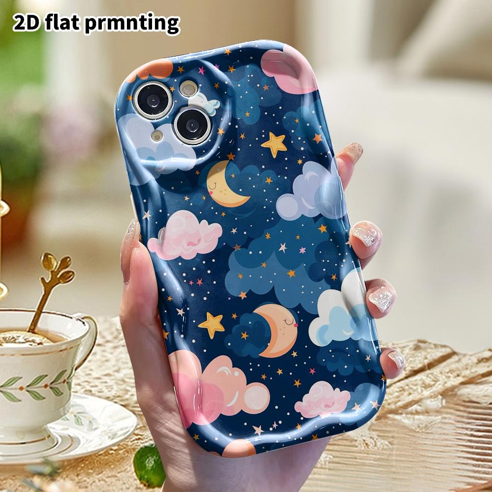 Phone Case: 2D Flat, Suitable for iPhone 18, 17, 16, 15, 14, 13, 12 Pro Protective Cases, Light Cartoon Night Sky with Stars and Moon, Perfect Christm