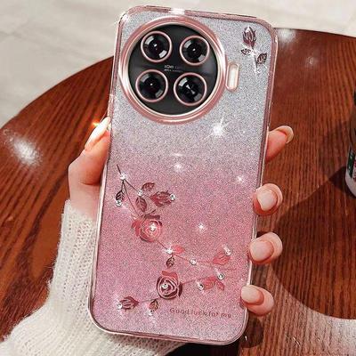 Phone Case For Tecno Camon 20 Pro Plus Flash Pink Flower Transparent Shock Protection Luxury Diamond Shining Protective Cover