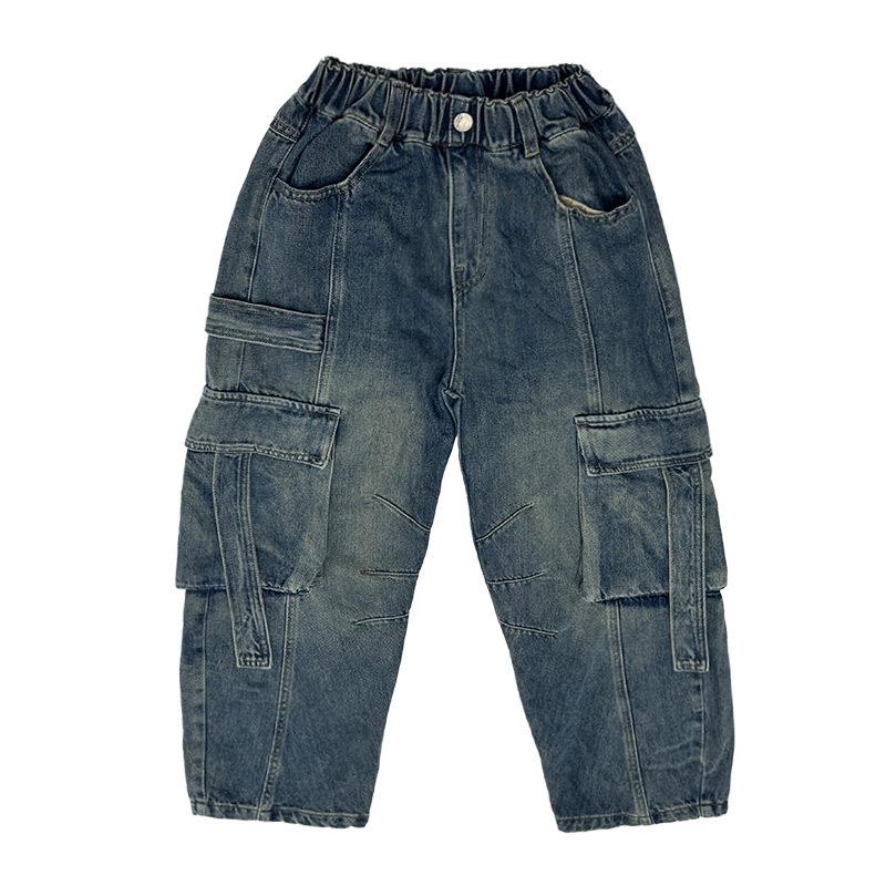 Girls' Retro Wide-Leg Cargo Jeans with Big Pockets - Distressed Loose Fit for Spring & Autumn