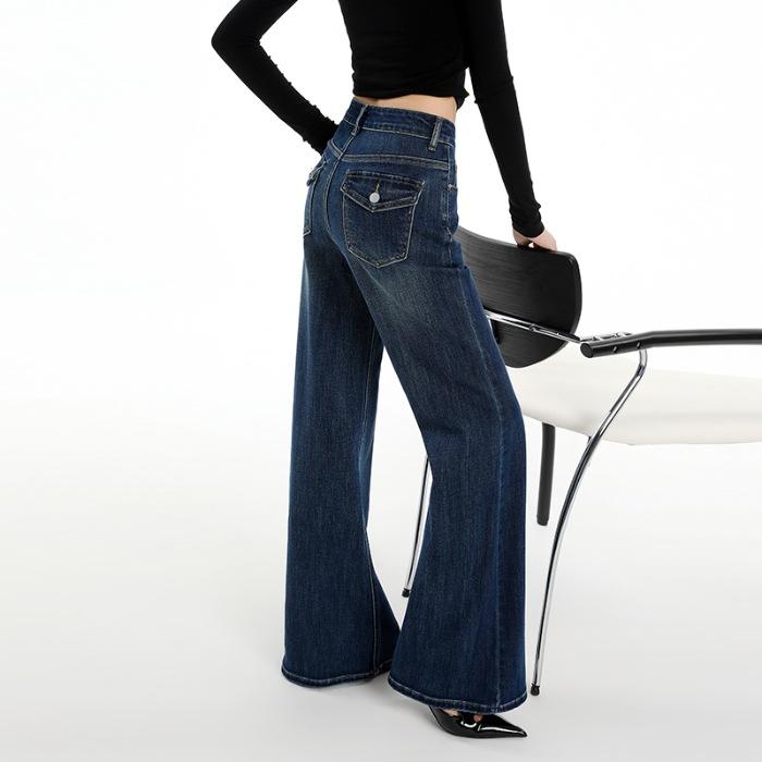 Spring and Autumn retro washed blue jeans women's fashion micro-speaker mopping wide-leg pants retro blue